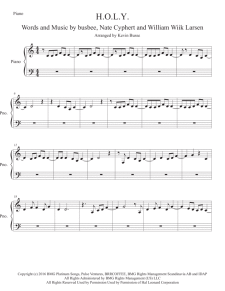 Free Sheet Music H O L Y Easy Key Of C Piano