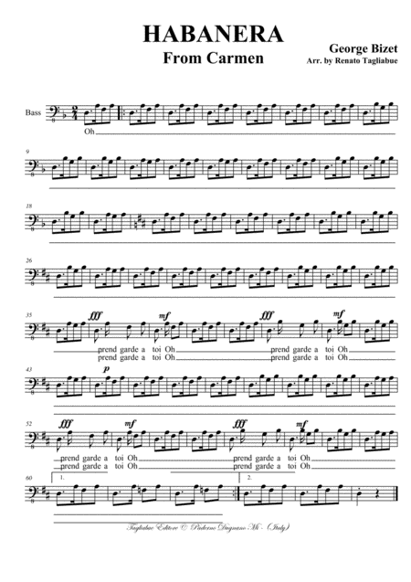 Habanera Arr For Soprano And Satb Choir Part For Bass Sheet Music