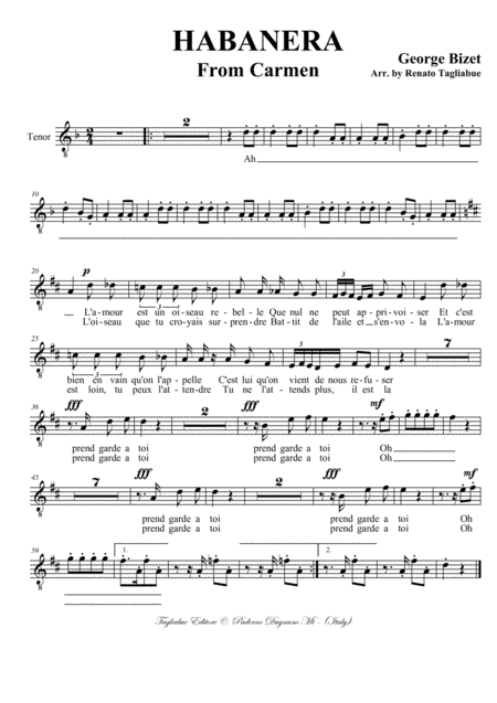 Free Sheet Music Habanera Arr For Soprano And Satb Choir Part For Tenor