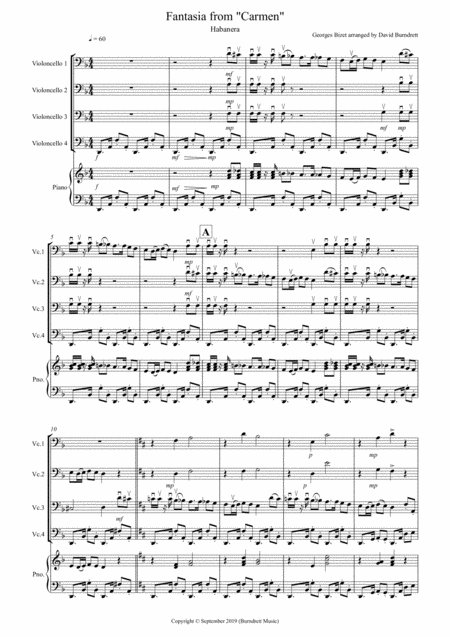 Habanera Fantasia From Carmen For Cello Quartet Sheet Music