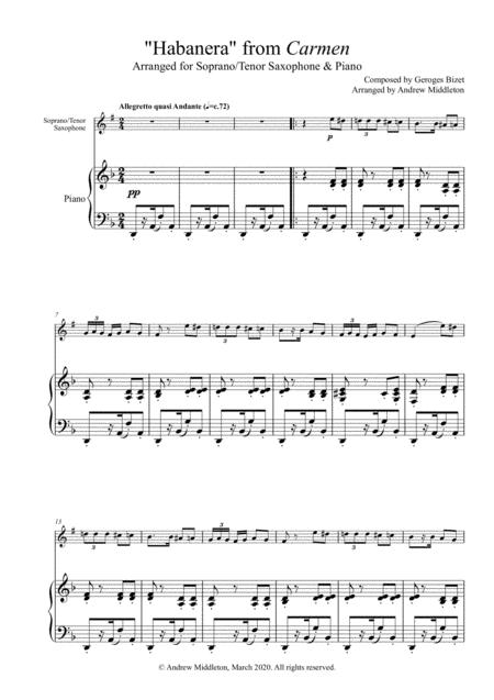 Free Sheet Music Habanera From Carmen Arranged For Soprano Saxophone And Piano