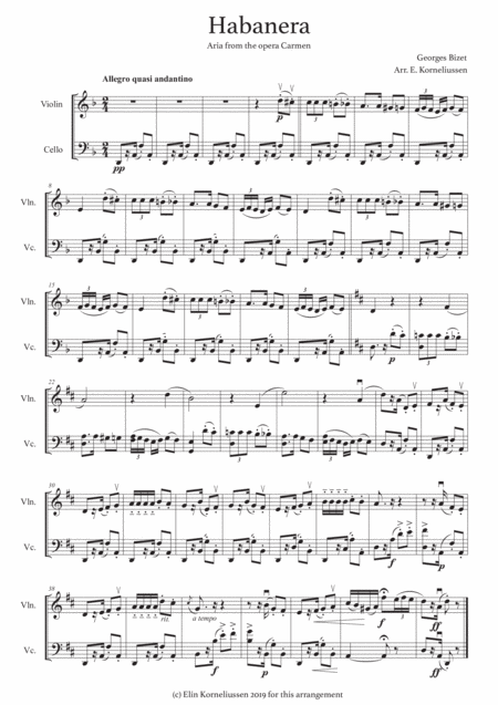 Habanera From Carmen For String Duet Violin And Cello Sheet Music