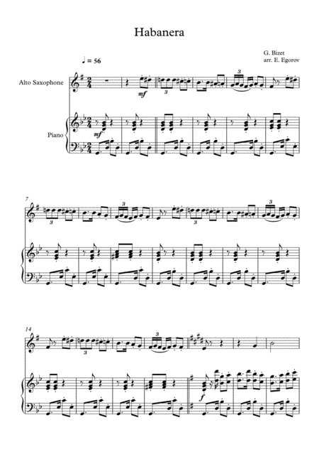 Free Sheet Music Habanera Georges Bizet For Alto Saxophone Piano