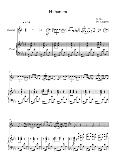 Free Sheet Music Habanera Georges Bizet For Clarinet Piano