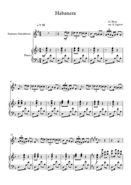 Habanera Georges Bizet For Soprano Saxophone Piano Sheet Music