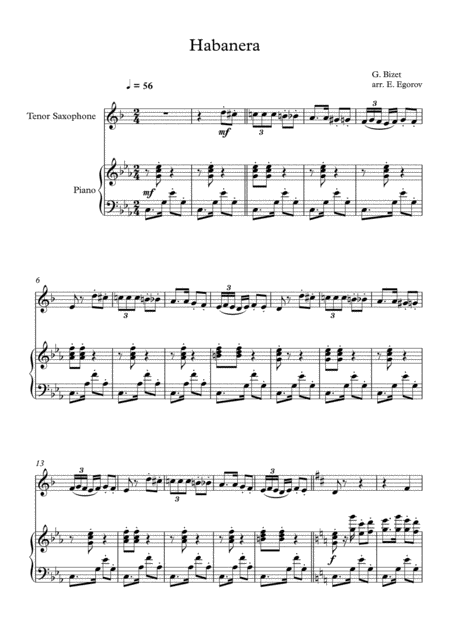 Free Sheet Music Habanera Georges Bizet For Tenor Saxophone Piano