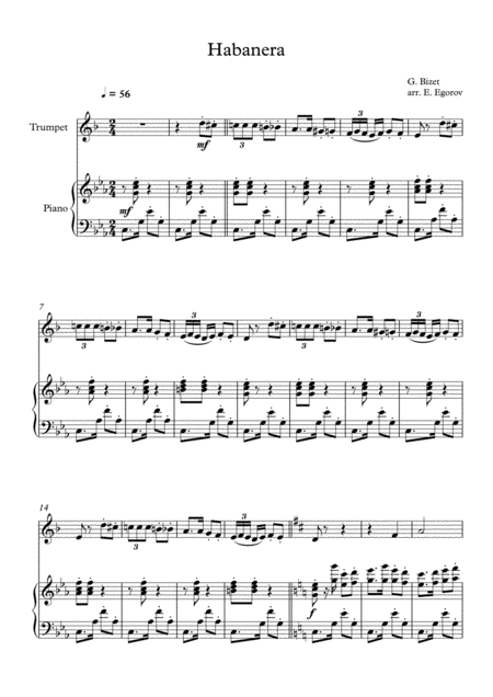 Free Sheet Music Habanera Georges Bizet For Trumpet Piano