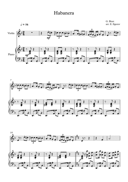 Free Sheet Music Habanera Georges Bizet For Violin Piano