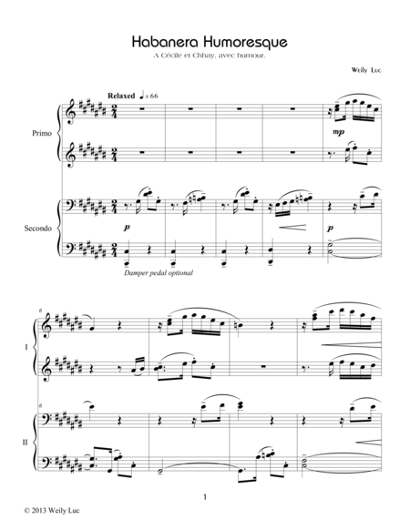 Habanera Humoresque For One Piano Four Hands Sheet Music