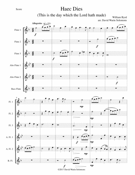 Haec Dies For Flute Sextet 3 C Flutes 2 Altos And 1 Bass Sheet Music