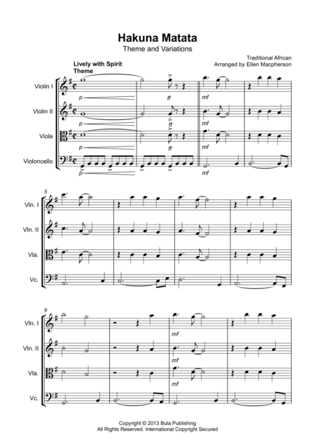 Hakuna Matata Theme Variation Easy String Quartet Score Sheet Music