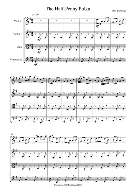 Halfpenny Polka For String Quartet Sheet Music