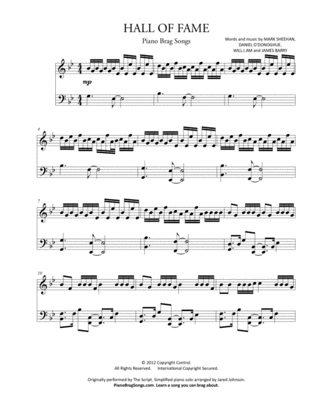 Free Sheet Music Hall Of Fame Simplified Piano Solo The Script Ft Will I Am