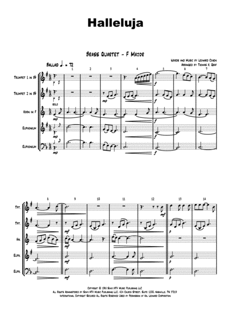 Free Sheet Music Halleluja High Key Sophisticated Arrangement Of Cohens Classic Brass Quartet