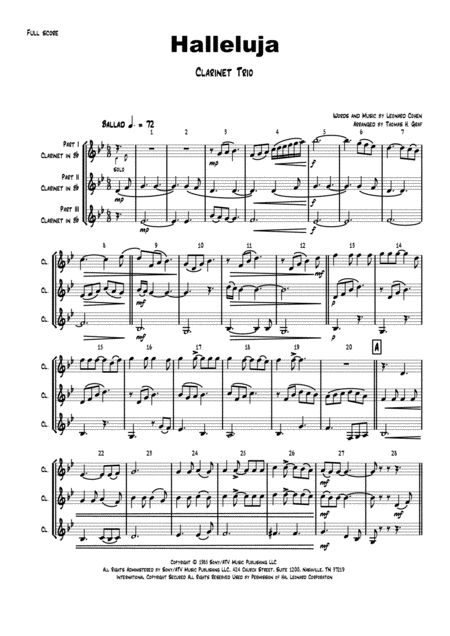 Free Sheet Music Halleluja Sophisticated Arrangement Of Cohens Classic Clarinet Trio