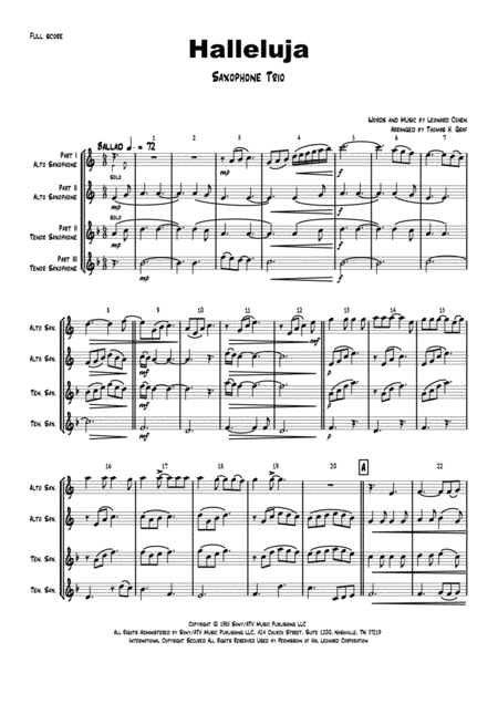 Halleluja Sophisticated Arrangement Of Cohens Classic Saxophone Trio Sheet Music