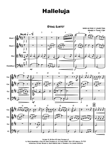 Free Sheet Music Halleluja Sophisticated Arrangement Of Cohens Classic String Quartet