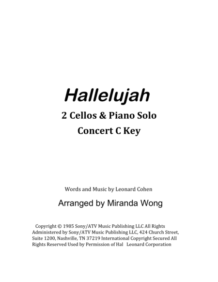 Hallelujah 2 Cellos And Piano In C Key With Chords Sheet Music