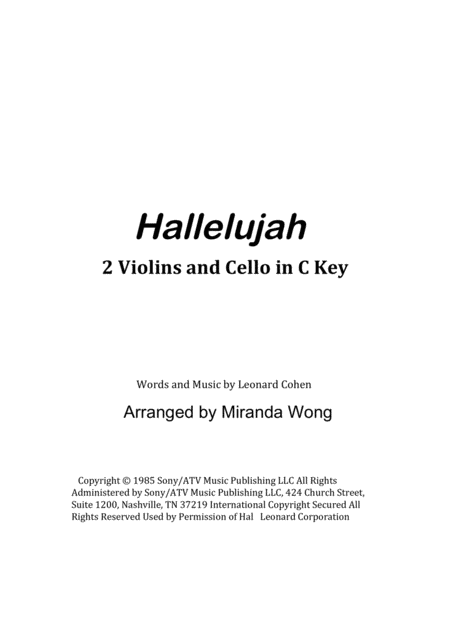 Hallelujah 2 Violins And Cello In C Key With Chords Sheet Music