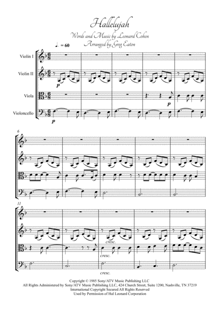 Hallelujah Arranged For String Quartet By Greg Eaton Score And Parts Perfect For Gigging Quartets Sheet Music