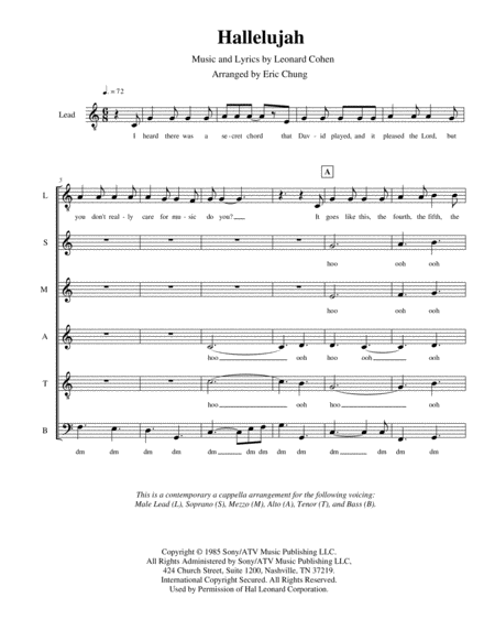 Hallelujah By Leonard Cohen A Cappella Arrangement For Mixed Ensemble Sheet Music