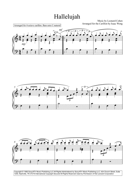 Hallelujah By Leonard Cohen Arranged For The Carillon Sheet Music