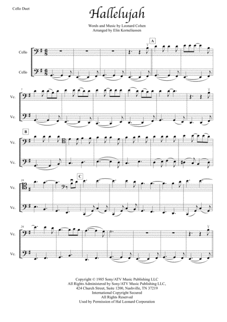 Hallelujah By Leonard Cohen For Cello Duet Sheet Music