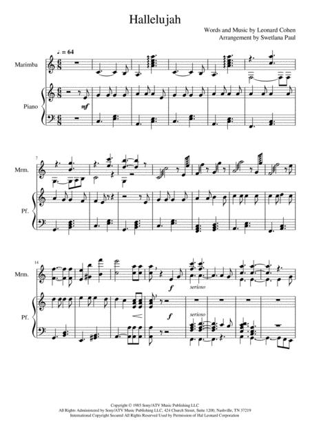 Hallelujah By Leonard Cohen For Marimba And Piano Sheet Music