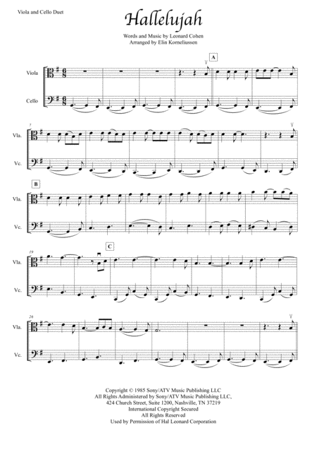 Hallelujah By Leonard Cohen For Viola And Cello Duet Sheet Music