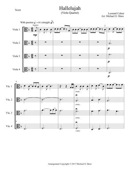 Hallelujah By Leonard Cohen For Viola Quartet 4 Violas Sheet Music