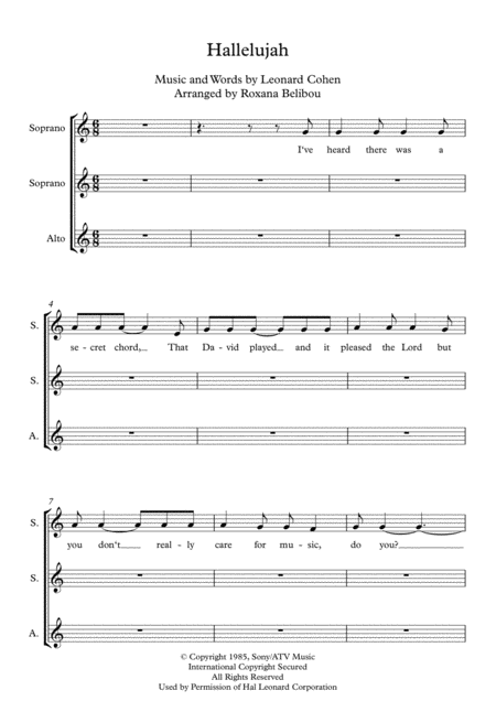 Hallelujah By Leonard Cohen Ssa A Cappella Sheet Music