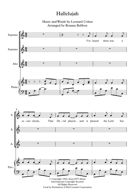 Free Sheet Music Hallelujah By Leonard Cohen Ssa Piano