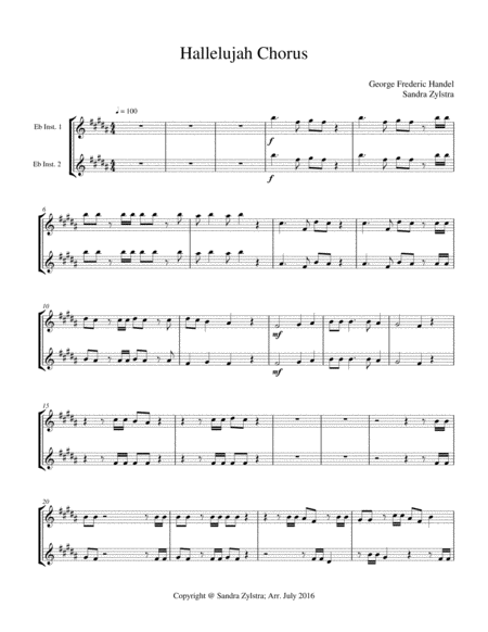 Hallelujah Chorus Treble Eb Instrument Duet Parts Only Sheet Music