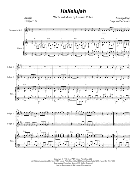 Hallelujah Duet For Bb Trumpet Sheet Music