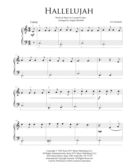 Hallelujah Early Intermediate Piano Easy Sheet Music