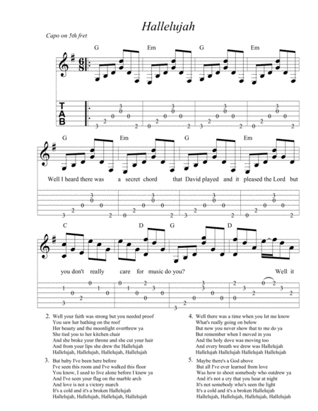 Free Sheet Music Hallelujah Easy Guitar And Tab