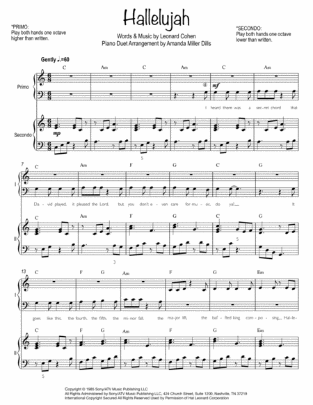 Hallelujah Easy Piano Duet Sheet Music