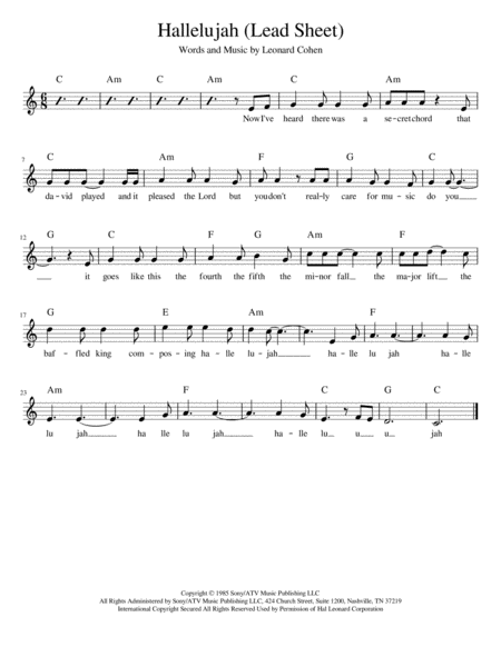 Free Sheet Music Hallelujah Easy Piano Version In C