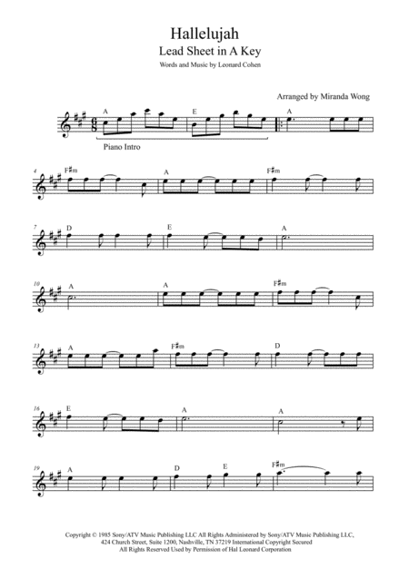 Hallelujah Flute Or Oboe Solo In A Key With Chords Sheet Music