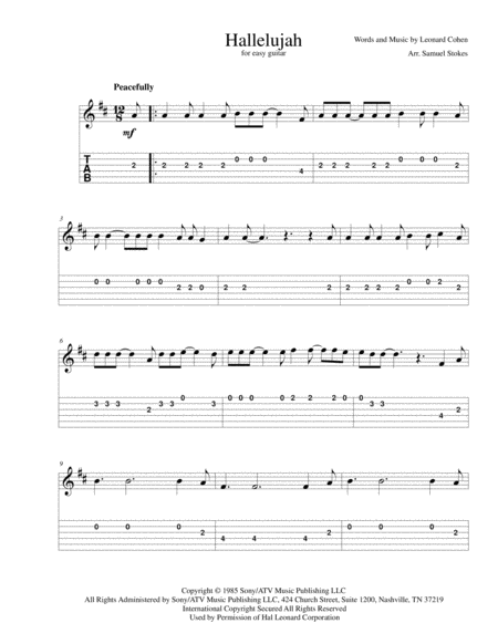 Hallelujah For Easy Guitar With Tab Sheet Music