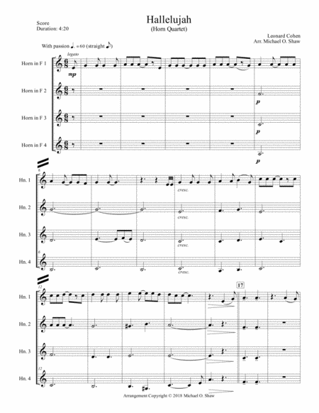 Hallelujah For Horn Quartet 4 Horns By Leonard Cohen Sheet Music