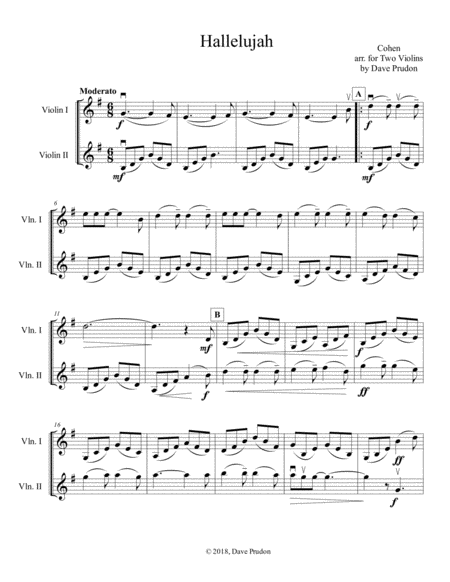 Free Sheet Music Hallelujah For Two Violins