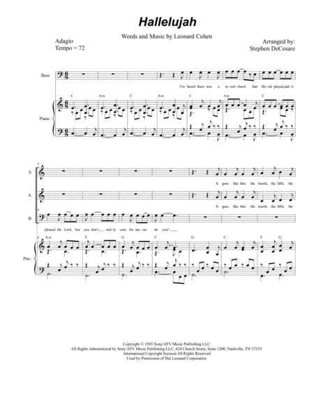 Hallelujah For Vocal Trio Sab Sheet Music