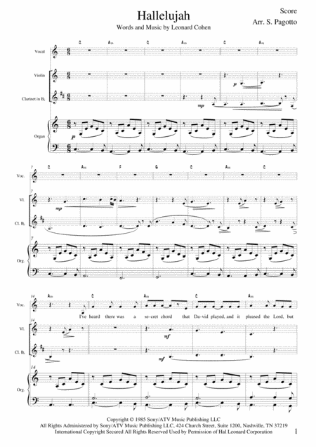 Free Sheet Music Hallelujah For Voice Violin Clarinet And Organ Or Piano