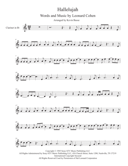 Free Sheet Music Hallelujah In The Easy Key Of C Clarinet