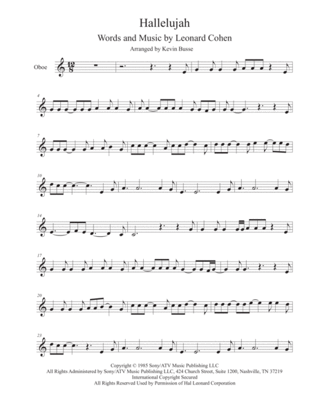 Hallelujah In The Easy Key Of C Oboe Sheet Music