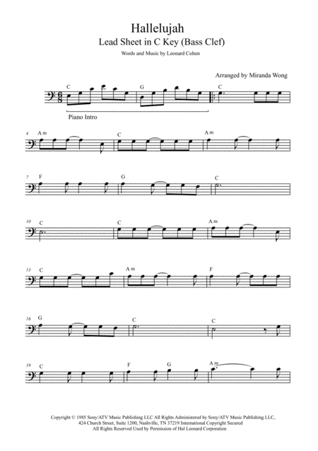 Hallelujah Lead Sheet In C Bass Clef Instruments Sheet Music