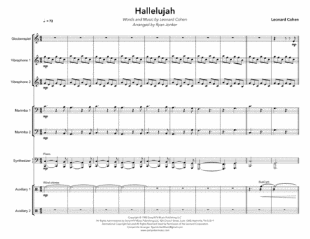 Hallelujah Leonard Cohen For Percussion Ensemble Sheet Music