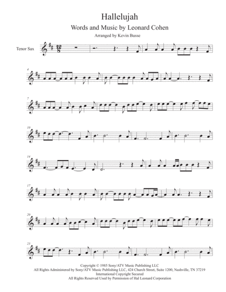 Hallelujah Original Key Tenor Sax Sheet Music