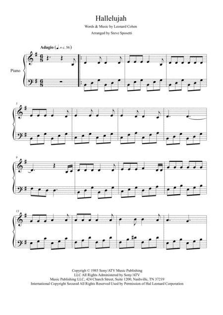 Free Sheet Music Hallelujah Piano Easy Version